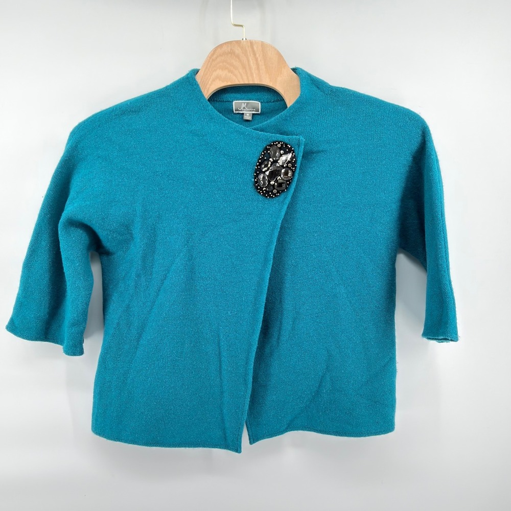 JM Collection Cardigan Womens Medium Teal 100% Wool Jeweled Brooch Cropped